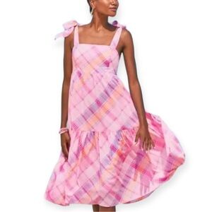 LILLY PULITZER Anlee Dress Midi Pink Tie Straps Smocked Back Pockets NWT